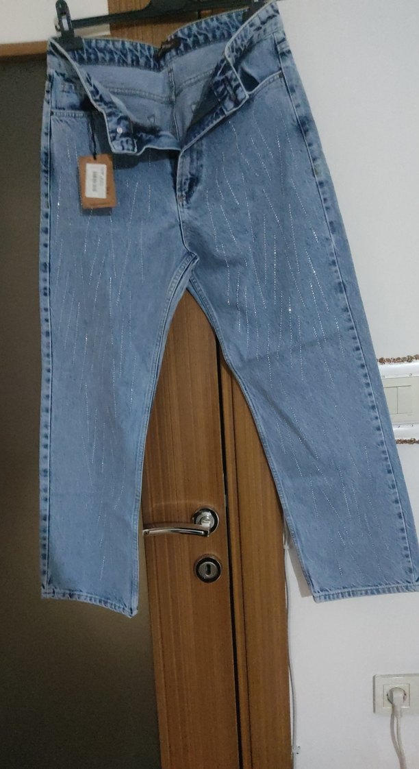 taş Detaylı Mavi Kadın Denim Midi Pantolon - Görsel 3