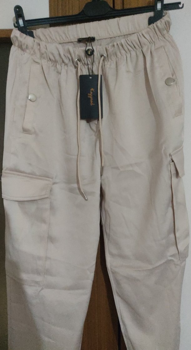 Kadın Bej kargo saten bağcıklı Pantolon - Görsel 2