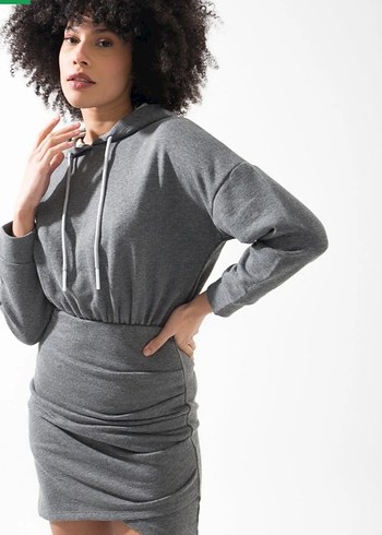 Gri Drapeli Mini sweat Elbise - Görsel 3