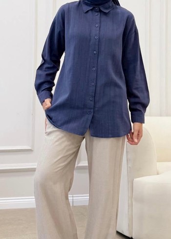 Lacivert Regular Fit Keten gömlek