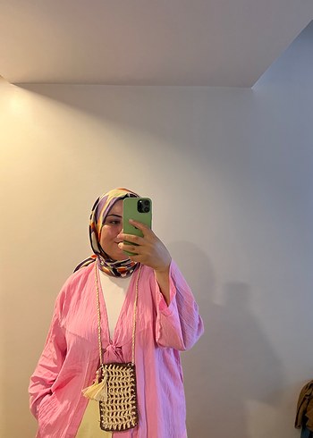 Pembe Midi Uzunlukta Salaş Kimono