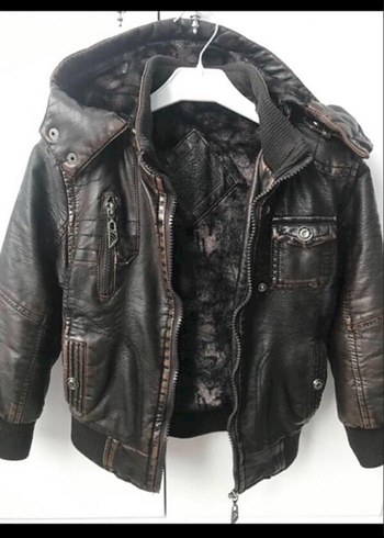 Kahverengi Deri Erkek Çocuk Biker Ceket - Görsel 2