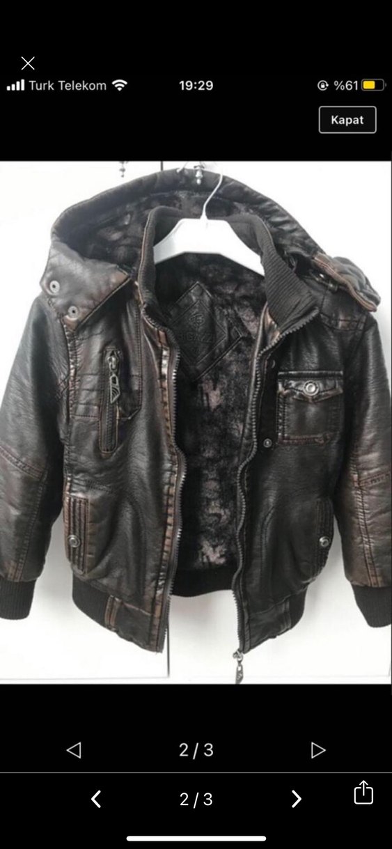 Kahverengi Deri Erkek Çocuk Biker Ceket - Görsel 2