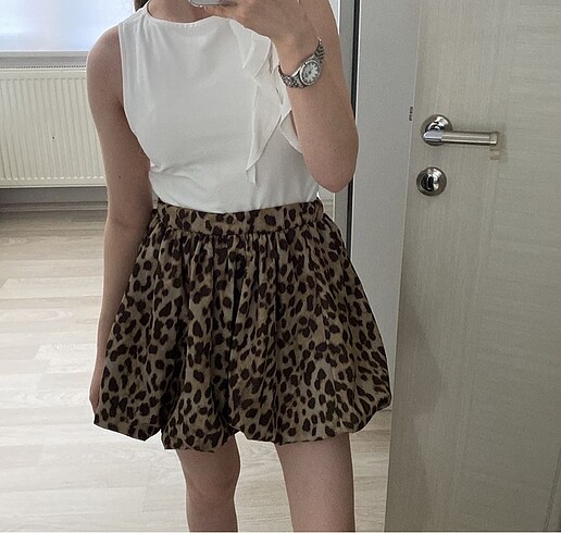 Addax leopar desenli mini balon elbise