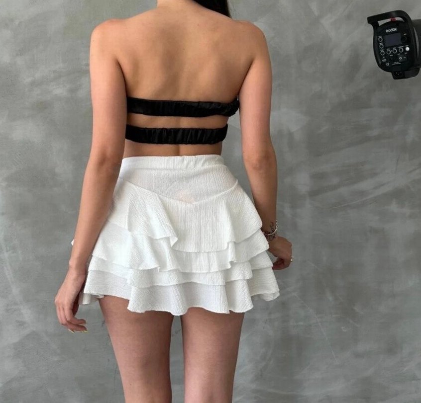 Kadın Beyaz Mini Fırfırlı Etek - Görsel 2