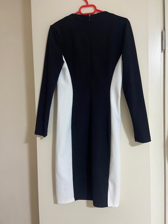 Uzun Kollu Siyah Beyaz Vücuda Oturan Elbise - Görsel 3