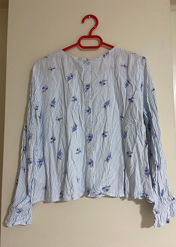 Mavi Çiçekli Uzun Kollu Pamuk Bluz - Görsel 4