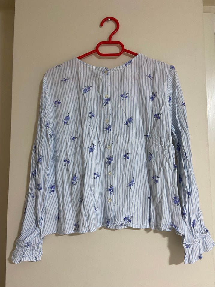 Mavi Çiçekli Uzun Kollu Pamuk Bluz - Görsel 4