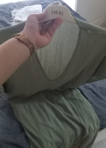 acik yesil Keten V Yakalı Salaş elbise - Görsel 8