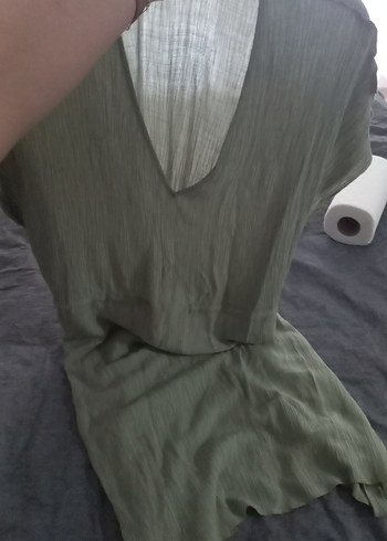 acik yesil Keten V Yakalı Salaş elbise - Görsel 5