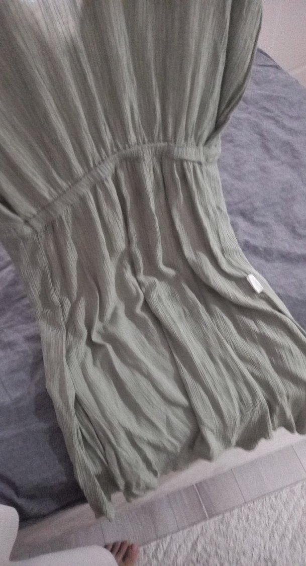 acik yesil Keten V Yakalı Salaş elbise - Görsel 4