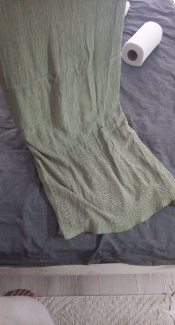 acik yesil Keten V Yakalı Salaş elbise - Görsel 2