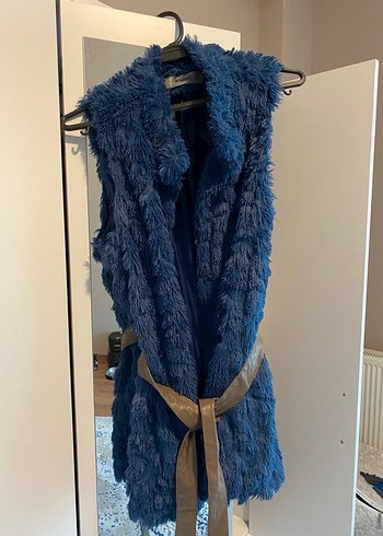 Kürk Detaylı Uzun Lacivert Kadın Yelek - Görsel 2