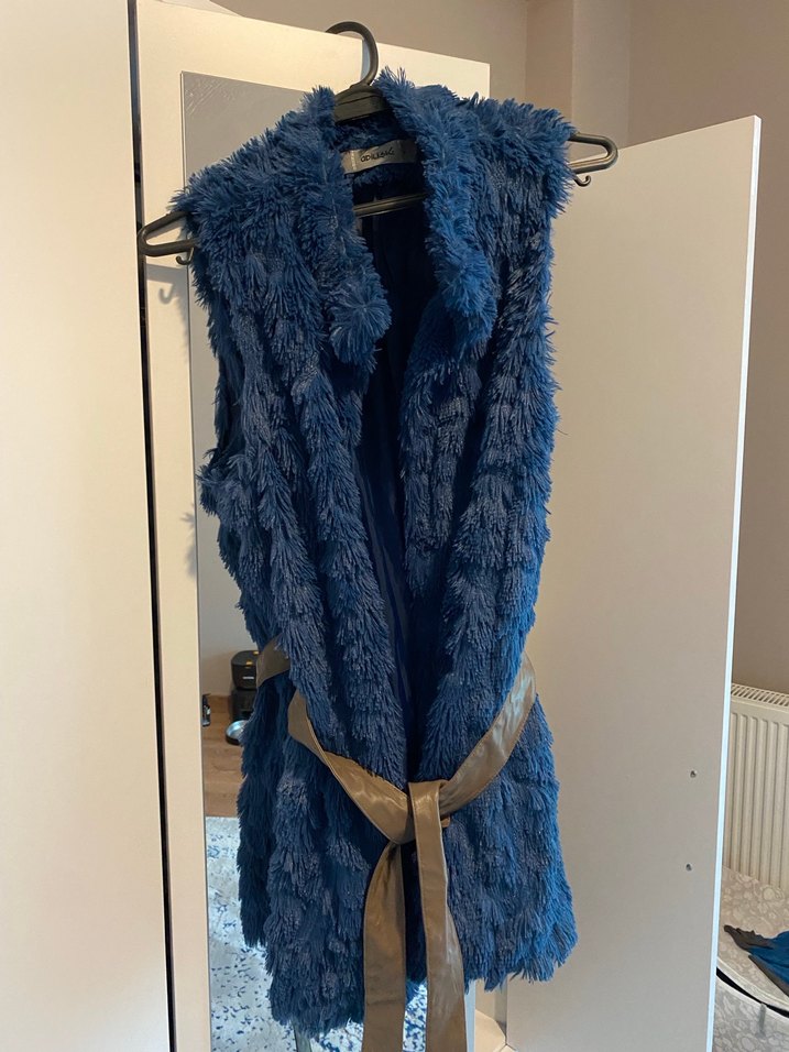 Kürk Detaylı Uzun Lacivert Kadın Yelek - Görsel 2