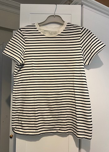 Kadın Gri Çizgili Pamuklu Tişört - Görsel 2