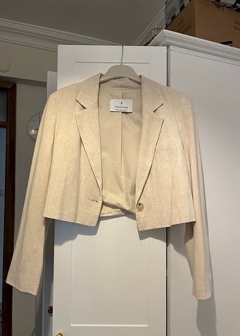 Keten Kumaş Bej Kısa Kesim Kadın Blazer - Görsel 3