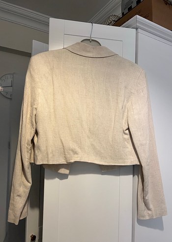 Keten Kumaş Bej Kısa Kesim Kadın Blazer - Görsel 7