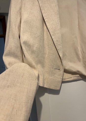 Keten Kumaş Bej Kısa Kesim Kadın Blazer - Görsel 5