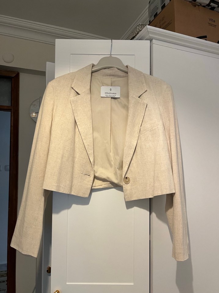 Keten Kumaş Bej Kısa Kesim Kadın Blazer - Görsel 3