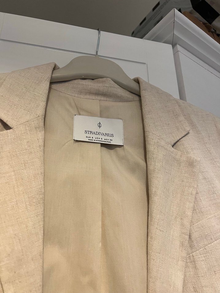 Keten Kumaş Bej Kısa Kesim Kadın Blazer - Görsel 4