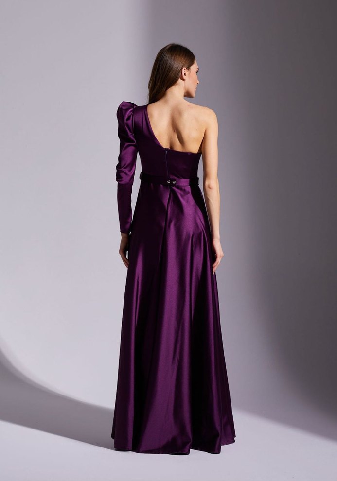 Parlak Mor Drapeli Tek Omuz Uzun Abiye Elbise - Görsel 2