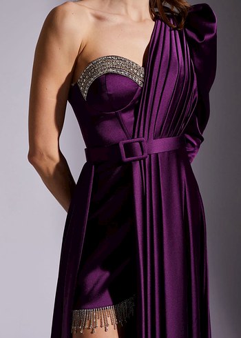 Kadın Mor Drapeli Uzun Abiye Elbise - Görsel 4