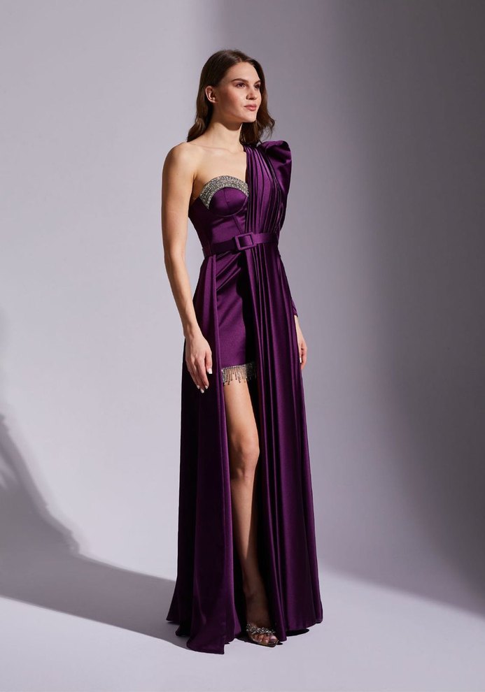 Kadın Mor Drapeli Uzun Abiye Elbise - Görsel 3