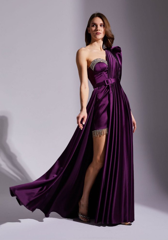 Kadın Mor Drapeli Uzun Abiye Elbise - Görsel 5