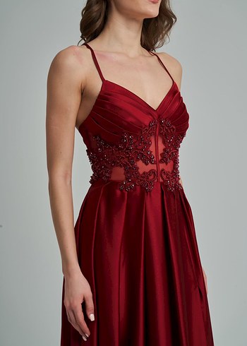 Bordo İşlemeli Uzun Abiye Elbise - Görsel 3