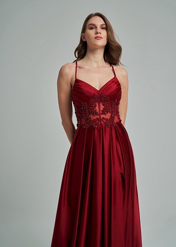 Bordo İşlemeli Uzun Abiye Elbise - Görsel 4