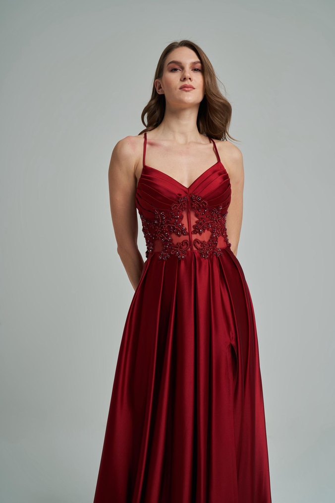 Bordo İşlemeli Uzun Abiye Elbise - Görsel 4