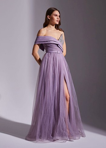 Askılı Mor Uzun Abiye Elbise - Görsel 2