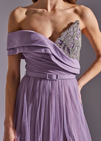 Askılı Mor Uzun Abiye Elbise - Görsel 6