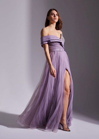 Askılı Mor Uzun Abiye Elbise - Görsel 3