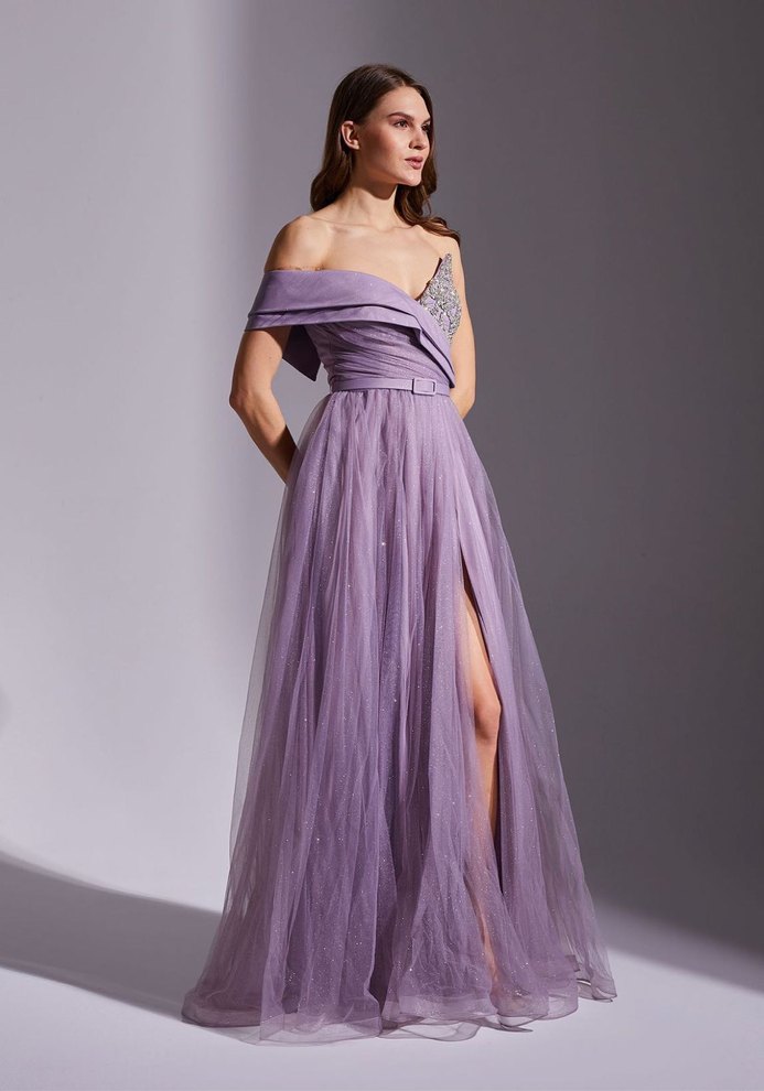 Askılı Mor Uzun Abiye Elbise - Görsel 2