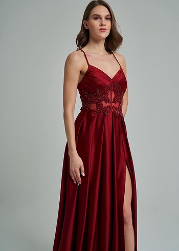 Bordo Uzun Abiye Elbise V Yaka İşlemeli - Görsel 5