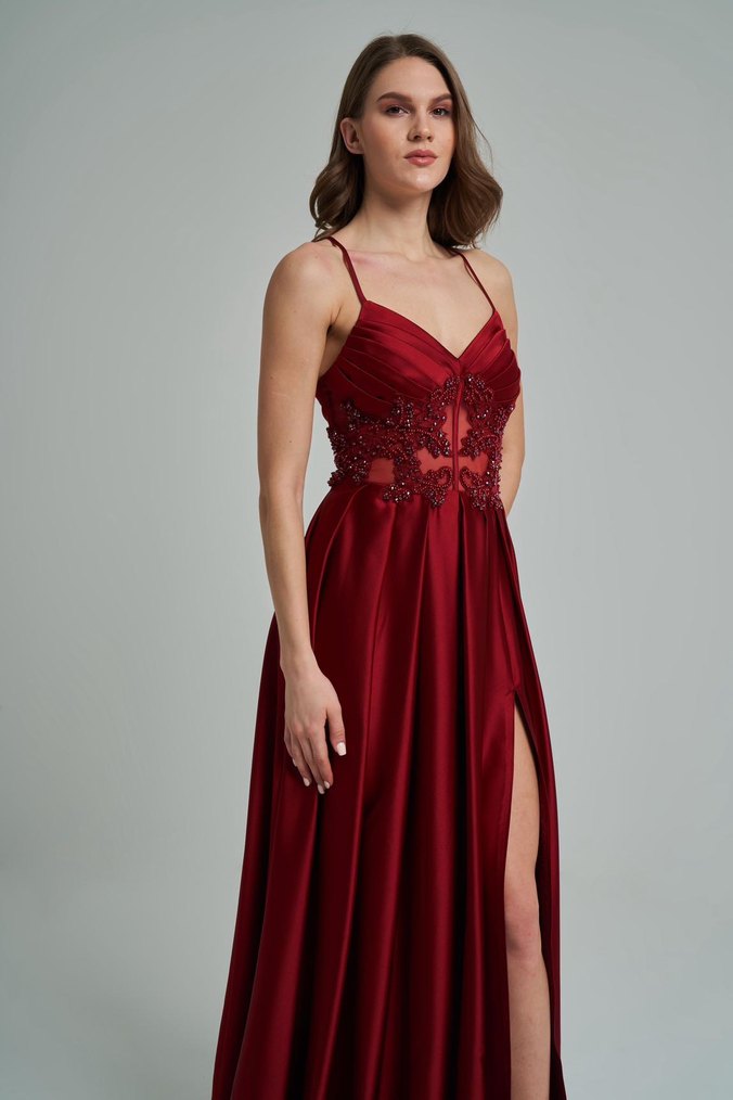 Bordo Uzun Abiye Elbise V Yaka İşlemeli - Görsel 5