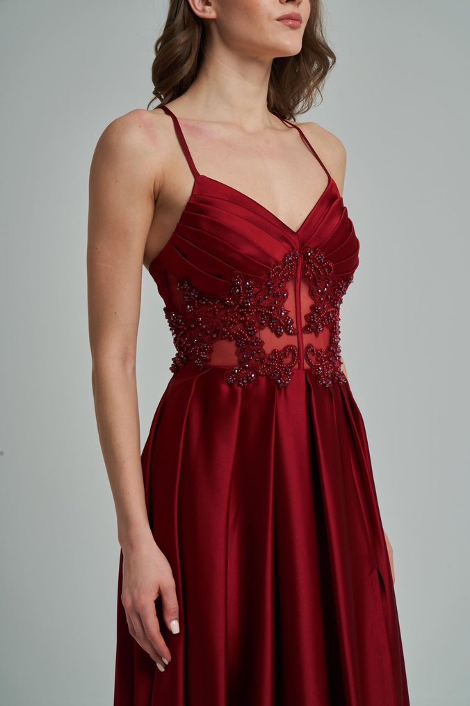 Bordo Uzun Abiye Elbise V Yaka İşlemeli - Görsel 3