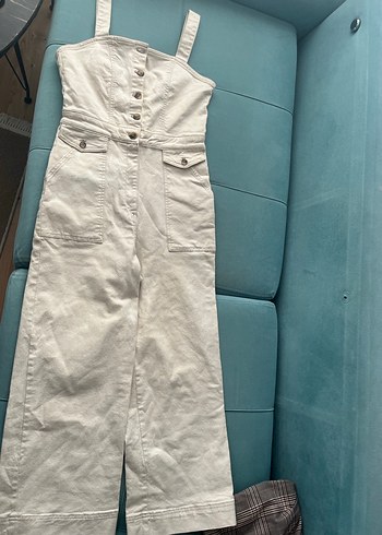 Düğmeli Beyaz Denim Uzun Tulum