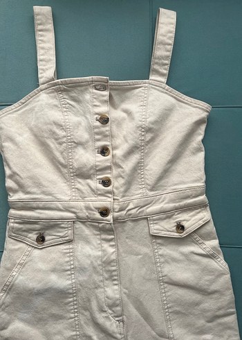 40 Beden Düğmeli Beyaz Denim Uzun Tulum