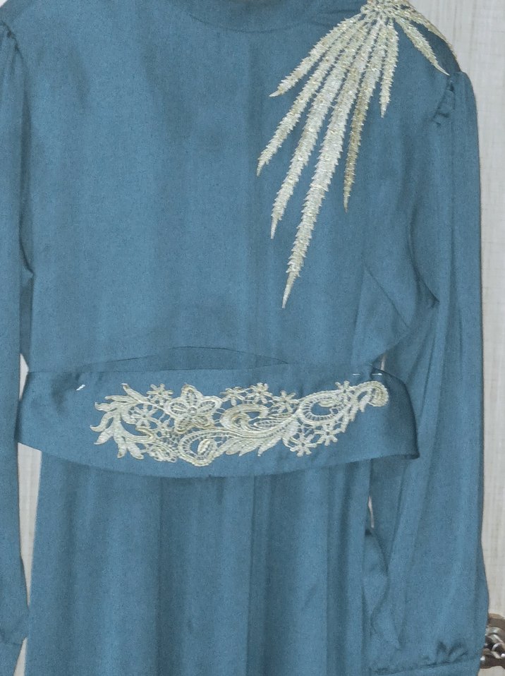 Nakışlı Uzun Kollu Turkuaz Kadın Elbise - Görsel 3