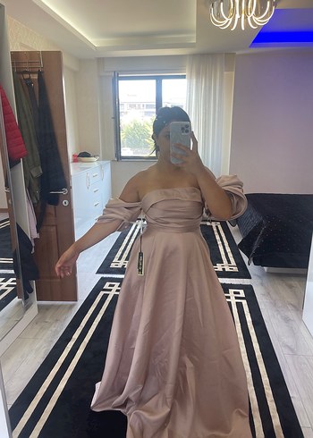 Abiye Pudra Pembe Drapeli Straplez Uzun Abiye