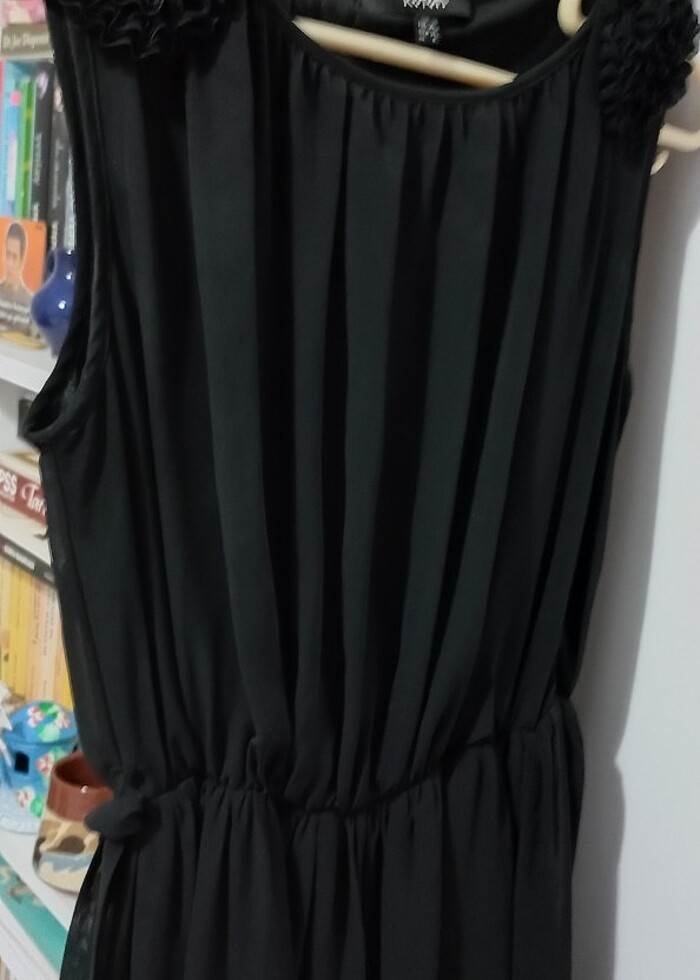 S beden siyah omuzları süslü beli lastikli kendinden kemerli elb - Görsel 3