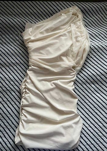 Zara Beyaz Drapeli Straplez Midi Elbise - Görsel 5