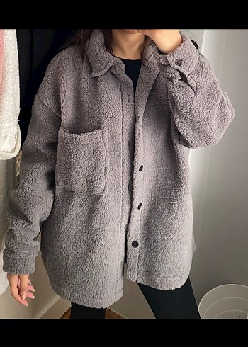 Gri Düğmeli Midi Kadın Peluş Ceket