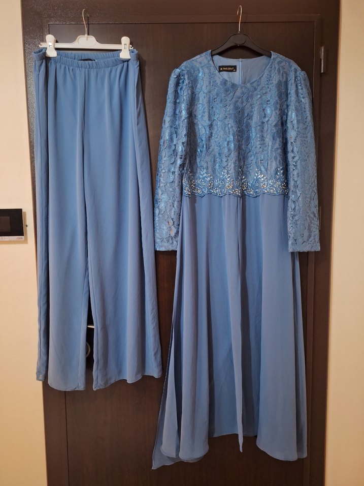 Mavi Nakışlı Uzun Kollu Abiye Elbise - Görsel 3