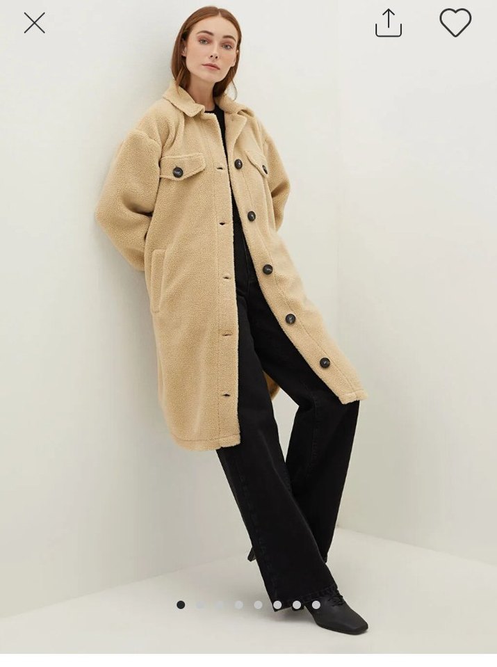 Düğmeli Bej Uzun Kaban - Görsel 4