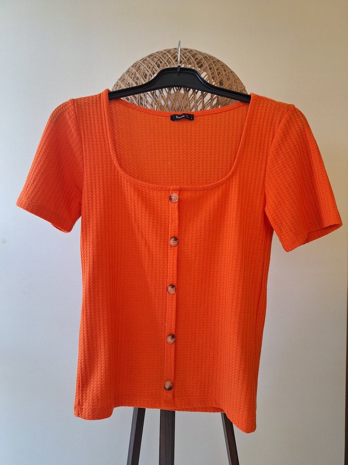 #Turuncu #Düğmeli #Kısa #Kollu #Kadın #Bluz - Görsel 4