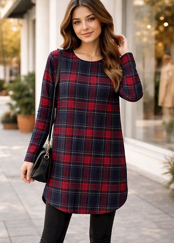 Kareli Kırmızı Denim Midi Tunik - Görsel 2