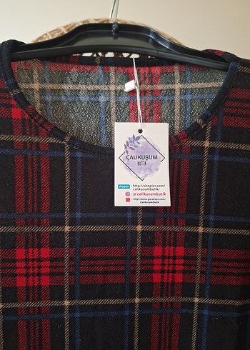 Kareli Kırmızı Denim Midi Tunik - Görsel 5